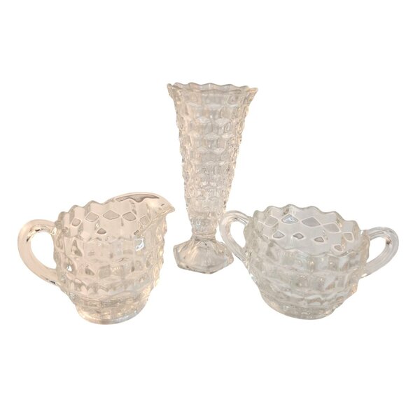 Vintage Fostoria American Cube Pattern Glass Vases, Glass Sugar and Creamer - Picture 1 of 13